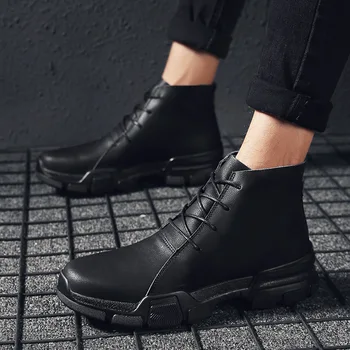 

High Top mens fashion boots breathable casual lace up Non-slip oxfords boots male ankle leather Bullock boots Black B340