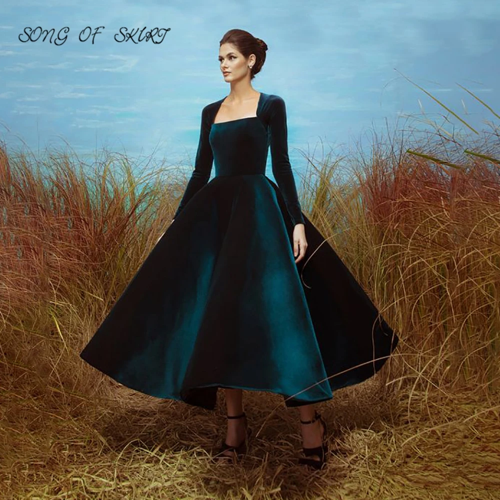 

Square Collar Tea Length Prom Dresses For Women Simplicity Long Sleeves Women Party Evening Gown Robe De Soirée Femme