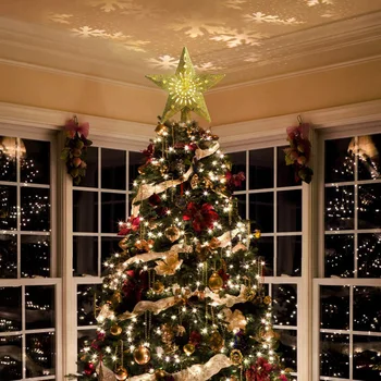

3D Hollow Gold/Sliver Star Topper Projection Light with Built-in Rotating LED Ball for Christmas Tree Decoration QP2