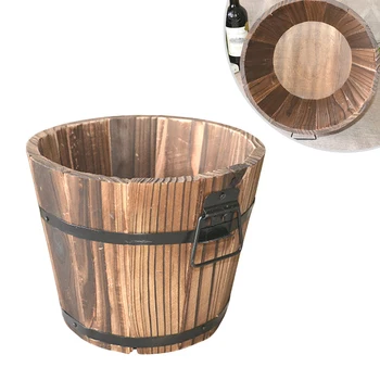 

Wooden Round Barrel Planter Flower Pots Home Office Garden Wedding Decor (Flat Mouth/Large/Brown/19x14x15cm)