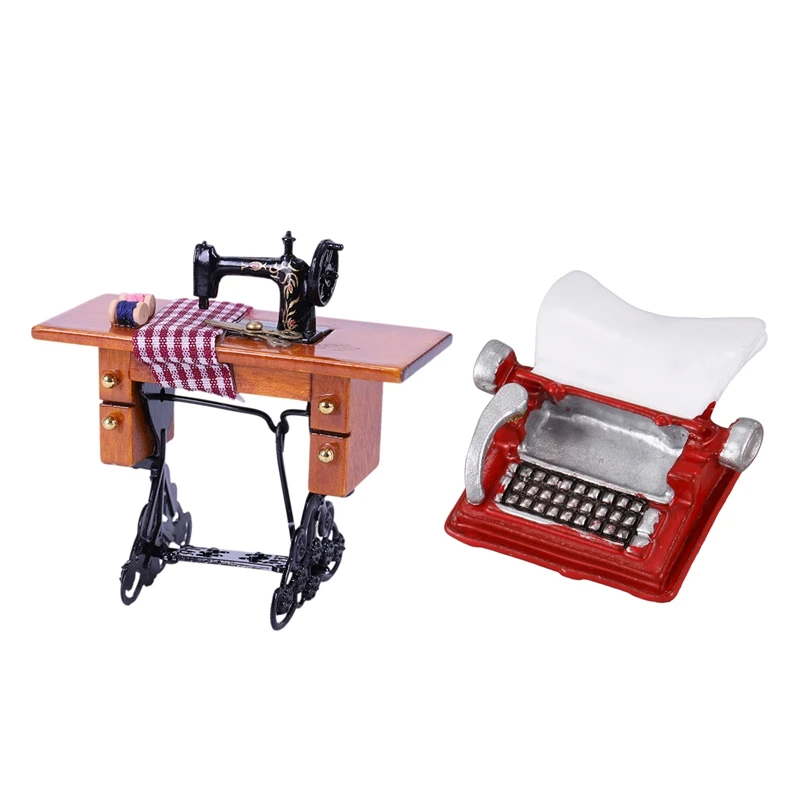  1Pcs Retro Dollhouse Miniature Furniture Sewing Machine with Accessory Wood Metal & 1Pcs Vintage Ty