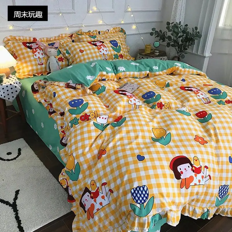 Four-piece set on a lotus leaf bed Korean style fragrant taro purple grid soft small fragrant style bed sheet three-piece set 