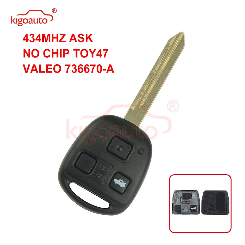 

Kigoauto 736670-A Remote key 3 button no chip TOY47 blade 434mhz ASK for Toyota Avensis 2004 2005 2006 2007 2008 2009