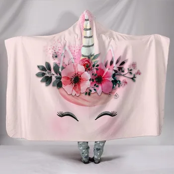 

Pink Unicorn Spot Pattern 3d Printed Plush Hooded Blanket For Adults Kid Warm Home Wearable Double layer Fleece Throw Blankets