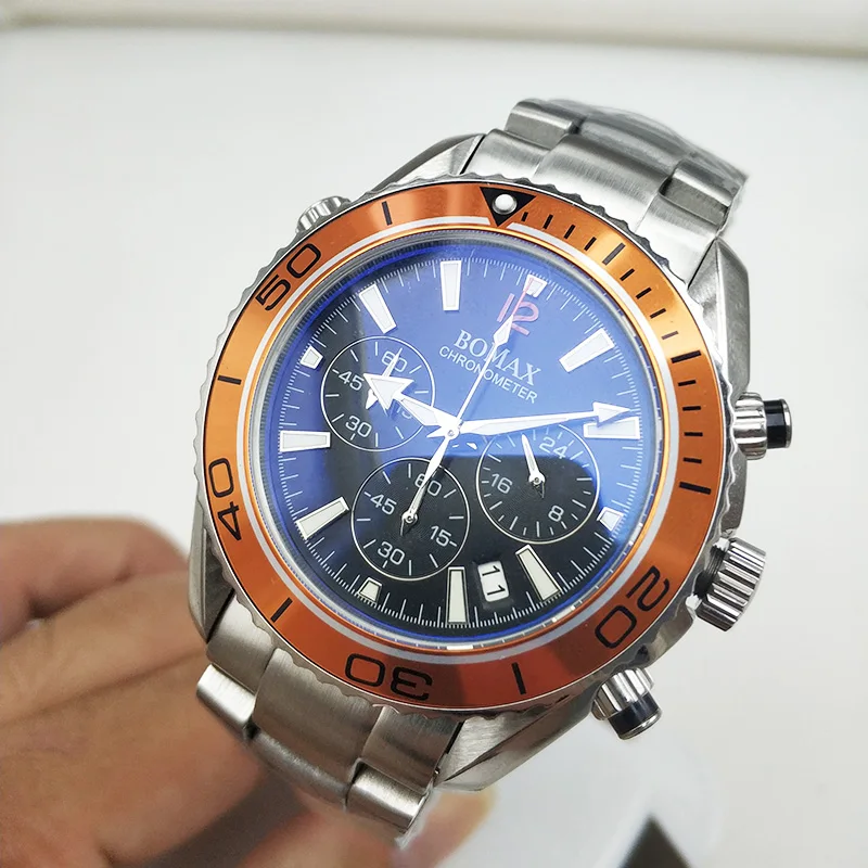 

Watch Men Chronograph Japan VK63 Movement Quartz Date Steel Strap Bracelet Black Bezel Waterproof Watch Luminous 44mm
