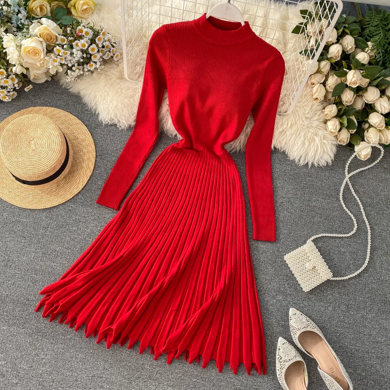 Винтажное теплое платье, Vestido de festa, тонкий осенний зимний вязаный свитер, миди платья для вечеринок, ТРАПЕЦИЕВИДНОЕ женское плиссированное платье