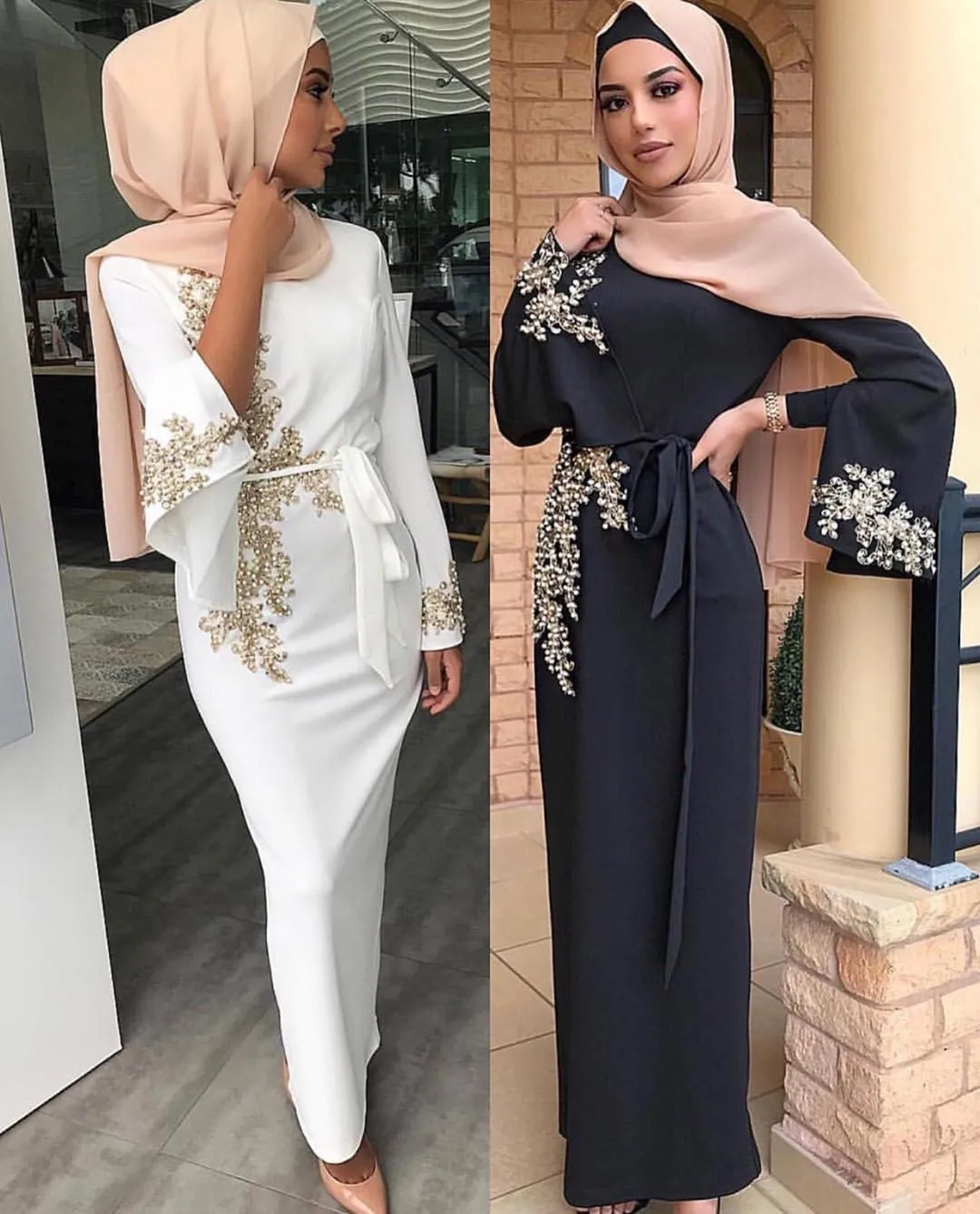 Bushra Long Sleeve Maxi Embroidery Dress Floral Lace Beading Patchwork Hijab Robe Kaftan Middle East Islamic Muslim Dubai Abaya