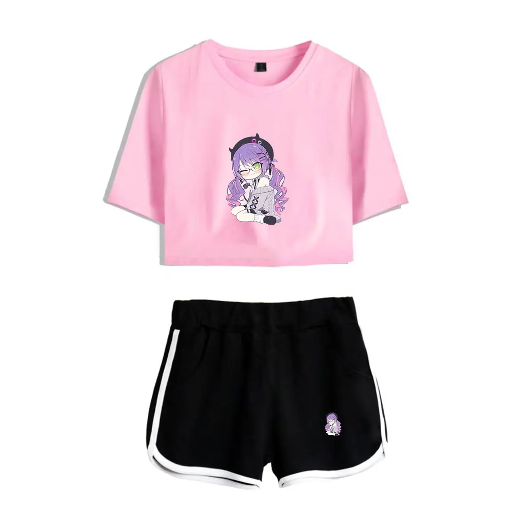 cotton shorts HOLOLIVE Vtuber Tokoyami Towa Print Summer Women/Girl Sets Sexy Short Tops+shorts Elastic Waist Suits Two Piece Sets Kawaii black denim shorts