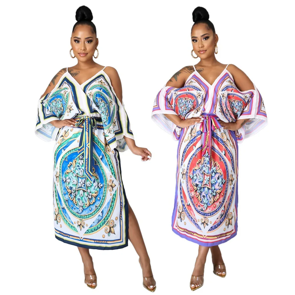 Casual Blue Pink Printed Summer Dresses Elegant Women Party Sexy Off Shoulder Spaghetti Strap Dress Loose Vestido Mujer 2021 New