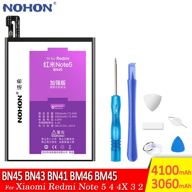 Original NOHON Battery BN45 BN43 BN41 BM46 BM45 For Xiaomi Redmi Note 5 4 4X 3 2 Replacement Bateria Lithium Polymer Batteries