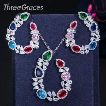 

ThreeGraces Sweet Colorful CZ Water Drop Big Symmetrical Earrings Pendant Necklace Fashion Jewelry Set for Women Party JS124