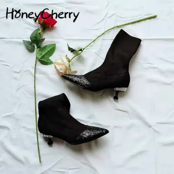 

Silver Stitching Knitted boot Wool Drill With Sharp Pointed Cat And Sequins Boots Socks fashion women shoes Ankle Boots