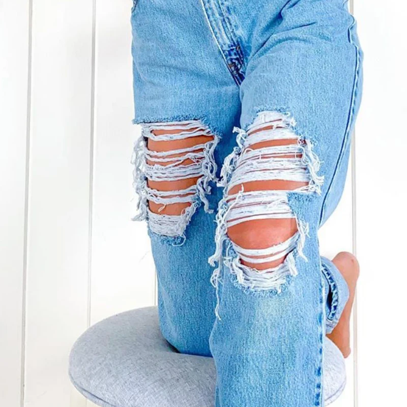 High Street Women Jeans Casual Straight Leg Waist Loose Fitting Ripped ...