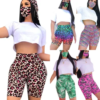 

JAYCOSIN Womens Leopard Print Mask Short Sleeve Tops Shorts Suits Sportswear Summer Sports Casual Set Short Tshirts Streetwear