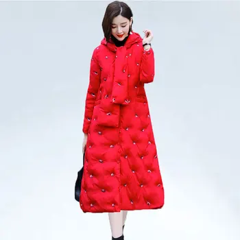 

Women Winter Down Cotton Coat Flower Embroidered Down Jacket Female Long Parkas Thickening Outwear Ladies Warm Down Jackets