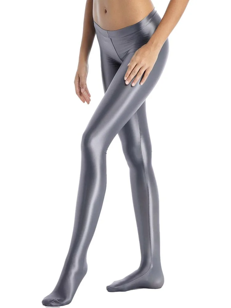 Sexy Women Glossy Stretchy Pantyhose Zipper Crotch Sport Fitness Rave Dance Tights Pants Mid Waist Leggings