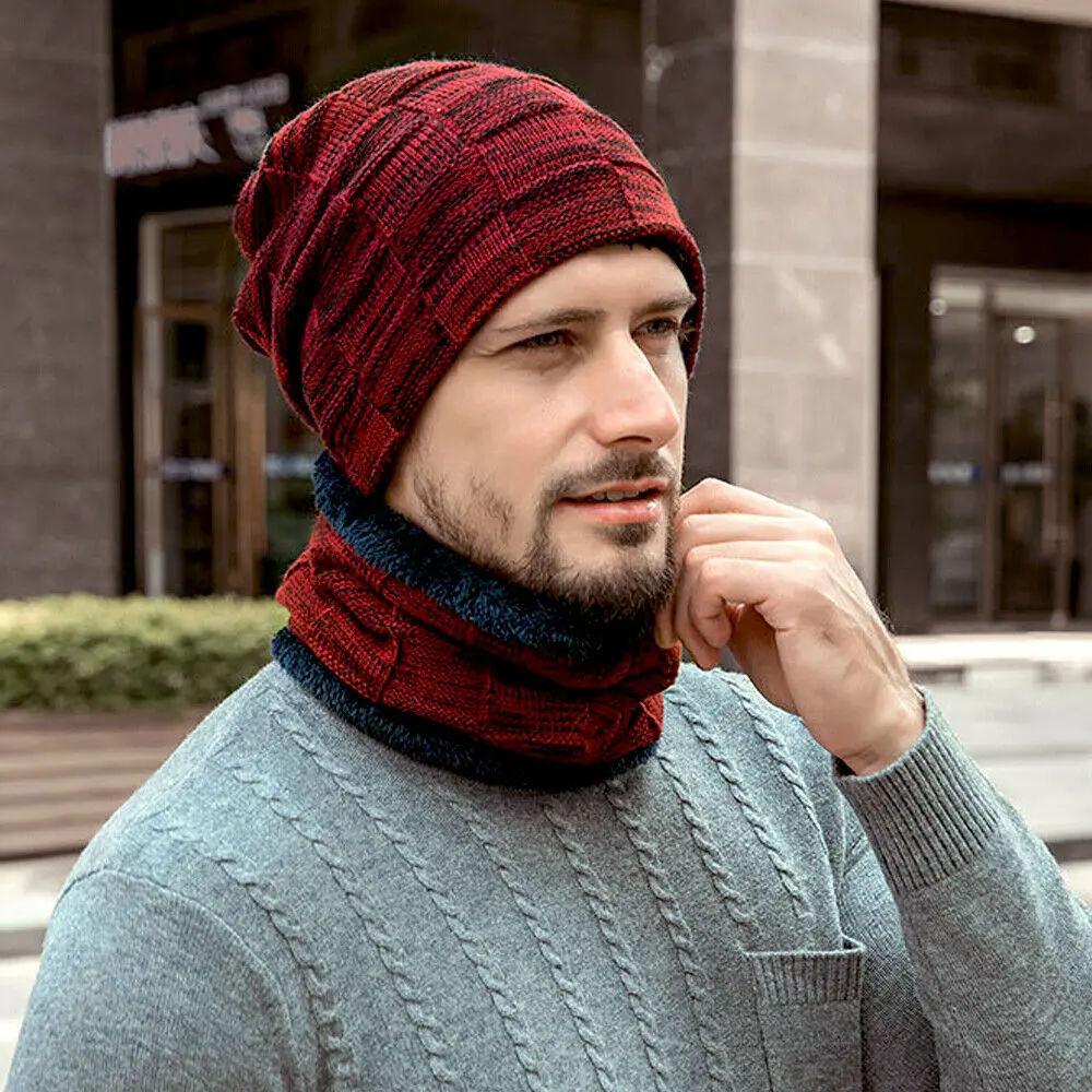 Бургундия Модный тренд мужская вязаная шапка теплый шарф на шею комплект зима новые трикотажные теплые утепленные лыжные кепки повседневные Простые аксессуары - Цвет: Бургундия