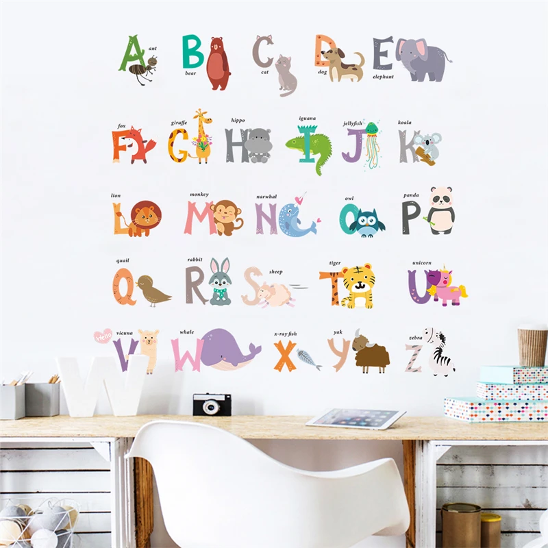 cartoon 26 ABC alphabet words animals wall stickers for kids rooms nursery  home decor pvc wall decals diy wallpaper