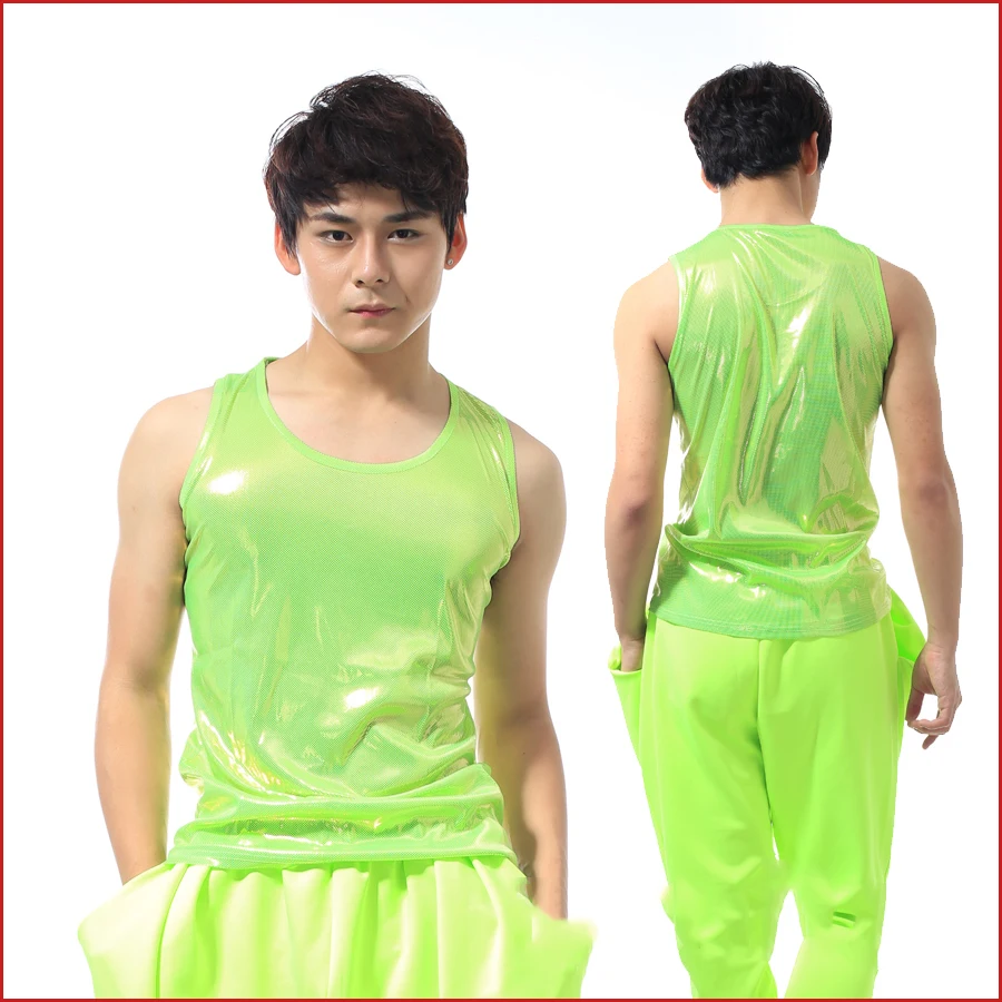 

New Men Dance Costume Neon Green Top Sleeveless Bar Dj Costume Street Wear Jazz Dance Costume Male Nightclub Clothes BL2068