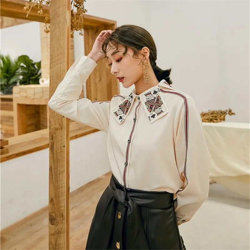 

Women Poker Print Collar Shirts Button Up Designer Runway Tops Long Sleeve Femme Clothing Women Office Lady Blouse D563