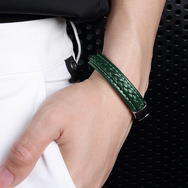 MOZO FASHION Retro Men Jewelry Braided Leather Bracelet Women Handmade Bracelet Trendy Stainless Steel Clasp Wrist Band Green