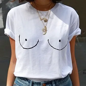 

2019 Funny Summer T-shirts Women Casual TITTIES BOOBS BOOBIES Print Short Sleeve T Shirt Woman Clothes white Tops