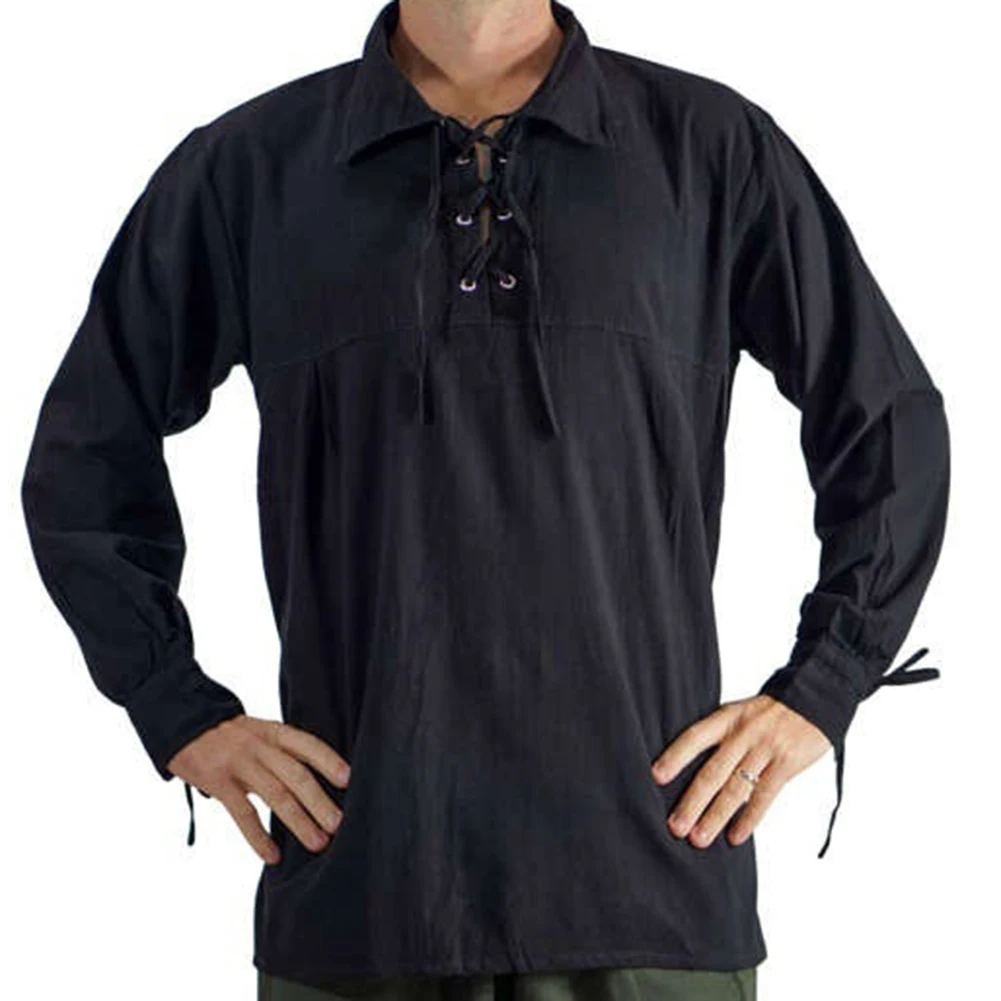 Средневековая мужская Осенняя однотонная льняная рубашка в стиле стимпанк, мужская рубашка на шнуровке с отворотом, рубашки с длинным рукавом, мужские Рубашки, Топы