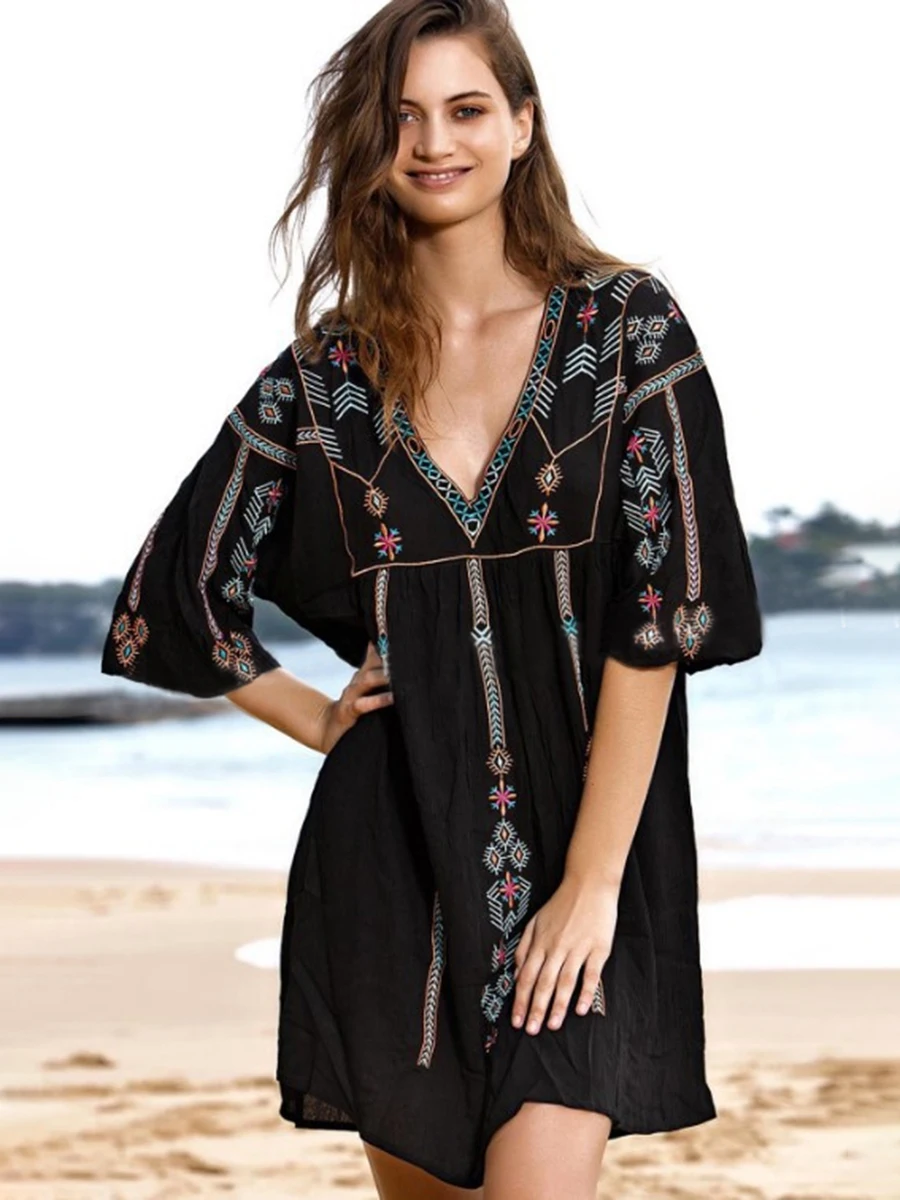 Черный Boho Летнее женское сексуальное платье с v-образным вырезом, вышивка, короткий рукав, винтажная свободная обычная, высокая, на выход, платье, черное пляжное мини-платье - Цвет: Черный
