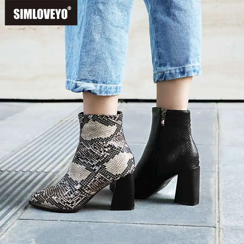 

SIMLOVEYO pointed toe snakeskin leather shoes women ankle boots in autumn winter booties zipper mixed color botas bottines bota
