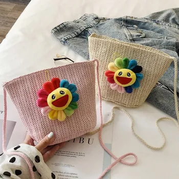 

Women's bags fashion cute sun flower decorative bags woven children's bag solid color small Messenger bag