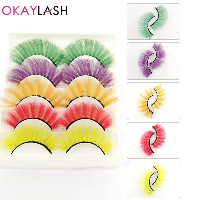 

OKAYLASH 5 Pairs Rainbow Colorful 5D Makeup Mink Lashes for Halloween Cosplay Party Makeup Colored Eyelash Wholesale Low Price