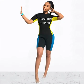 

Letter Print Patchwork Short Sleeve Bodycon Jumpsuit Women Multicolor Splicing Knee Length Skinny Rompers Streetwear Overalls