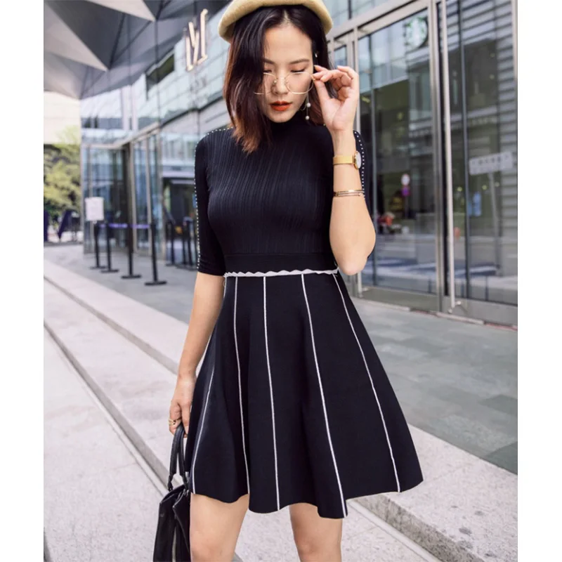 Женское платье, облегающее, с бисером, вязаное, в полоску, Vestido, вечернее платье с оборками, Femme, половина рукава, пуловеры, зимний джемпер