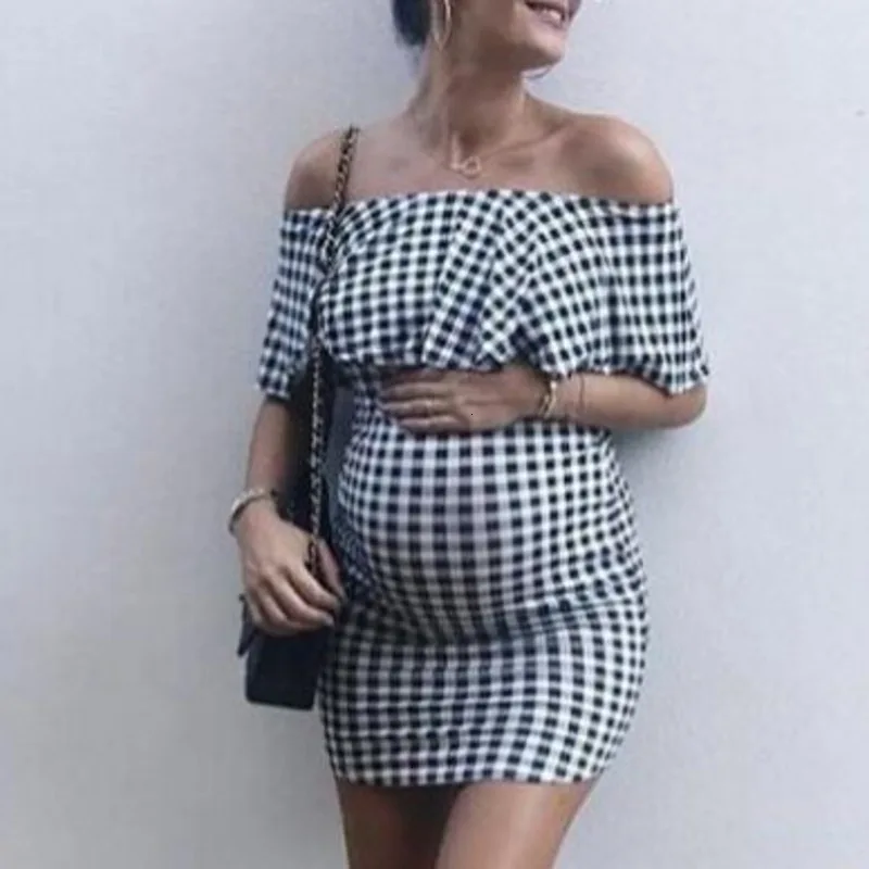 

2019 One Shoulder Lotus Leaf Edge Lattice Printing Women's breastfeeding nursing pregnant Dress Maternity photo shoot Ball Gown