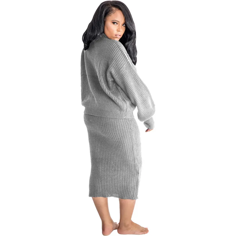 Adogirl, зимний Однотонный свитер, вязаный комплект из двух предметов, платье в рубчик, водолазка с длинным рукавом, Свободный Топ, облегающая юбка средней длины, костюмы