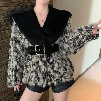 

Women 2019 Autumn Winter Coat New Fashion Big Collar Ladies Elegant Overcoat Knitted Imitation Woolen Coat Waisted Slim Jacket