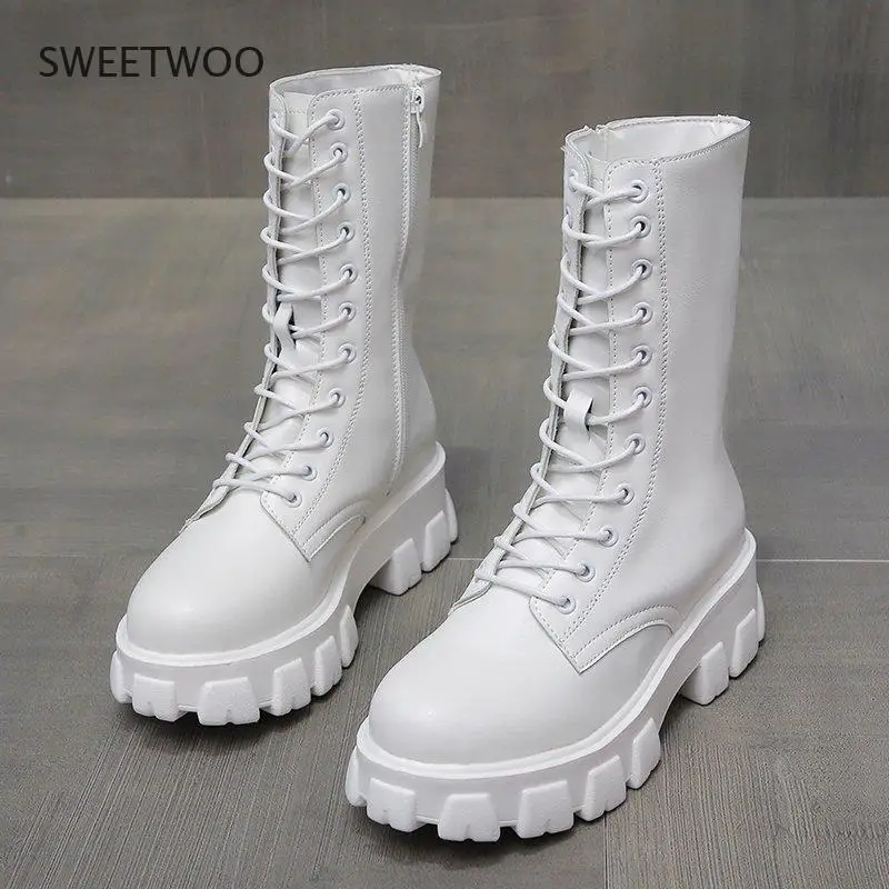 Fashion Boots Female Lace-up Chunky Heels Platform Mid-calf Women's Shoes 2021 Pu Leather Zipper Ladies Shoes Autumn Footwear