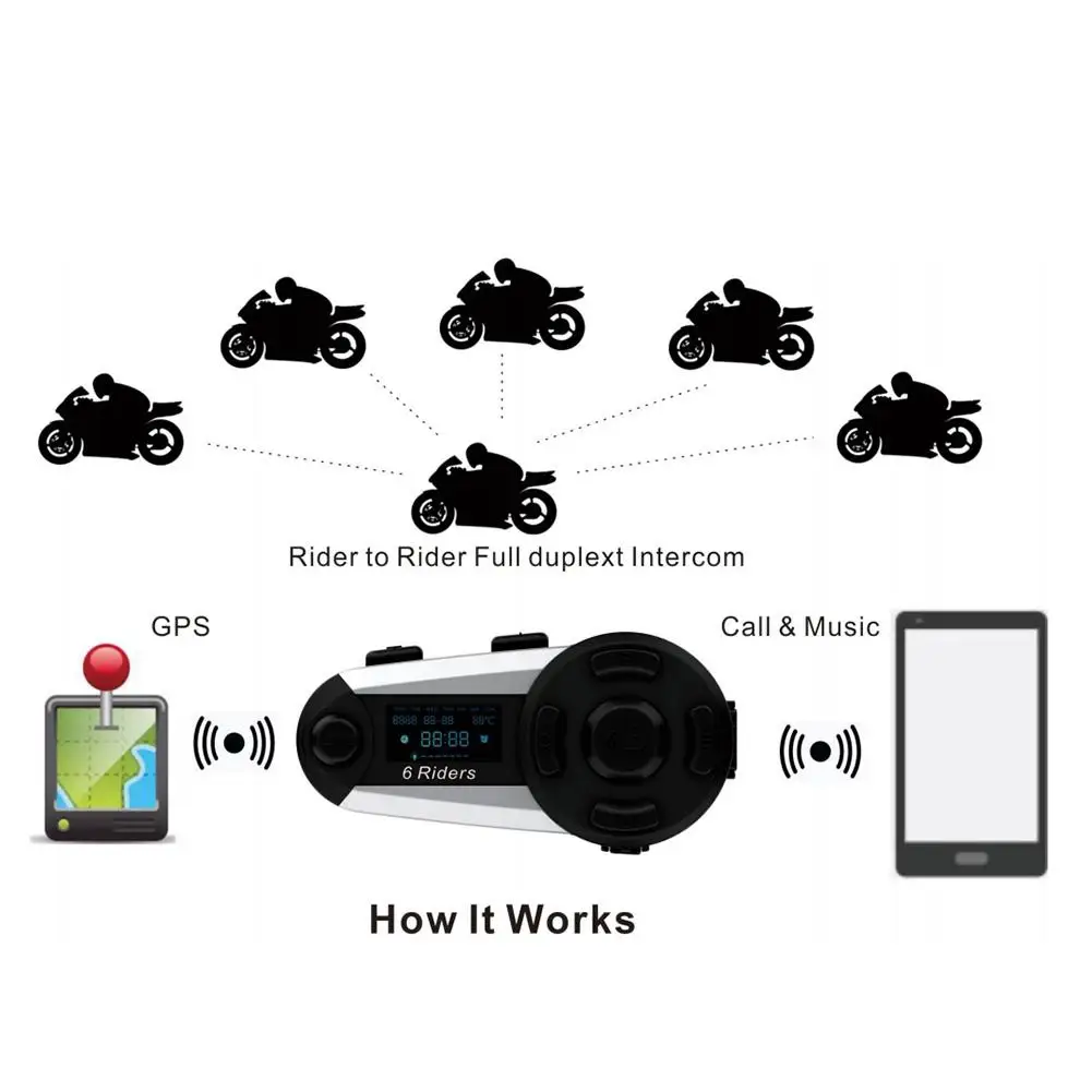 Мотоциклетный шлем беспроводной Bluetooth домофон Поддержка 6 всадников дуплексная гарнитура 1200 м FM водонепроницаемый домофон шумоподавление