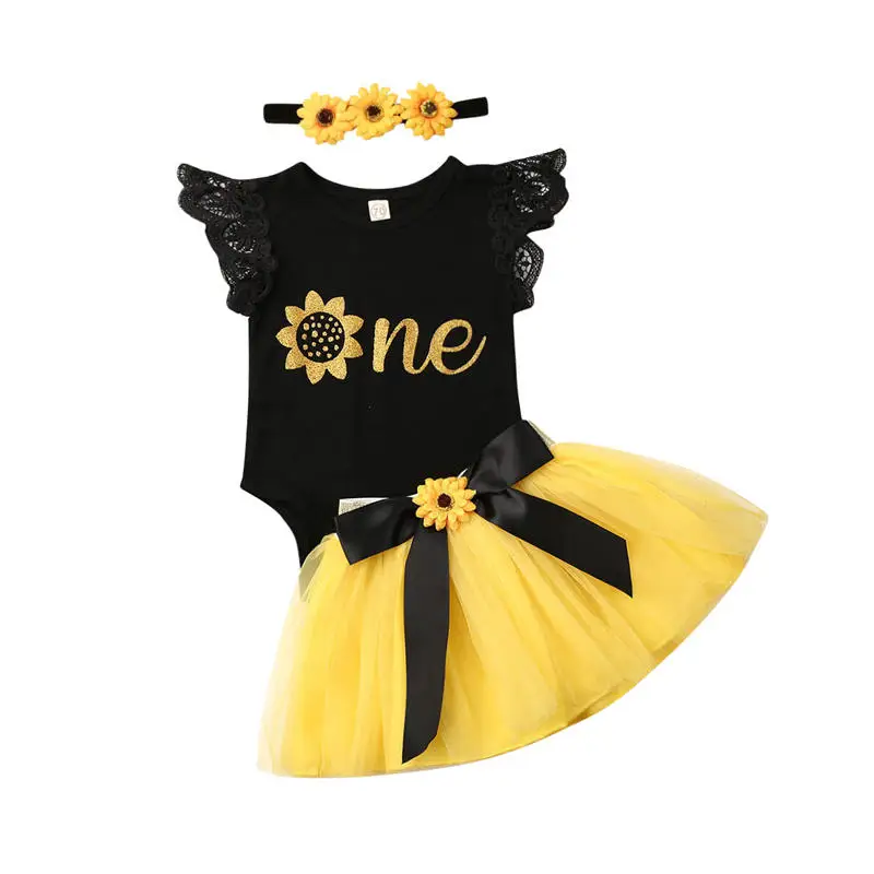 

0-18M My First Birthday Outfit Kids Baby Girls Clothes Set Newborn Toddler Party Lace Fly Sleeve Bodysuit+Tutu Skirt+Headband
