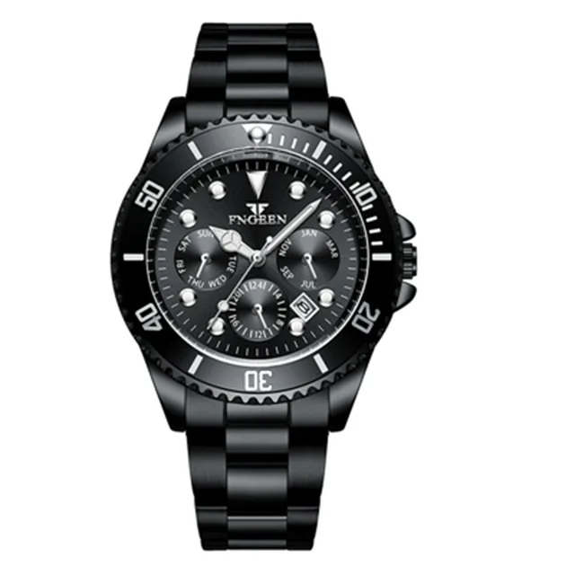 FNGEEN, Лидирующий бренд, серебристо-зеленые классические мужские часы, уникальный циферблат, кварцевые часы, нержавеющая сталь, календарь, водонепроницаемые спортивные часы - Цвет: black