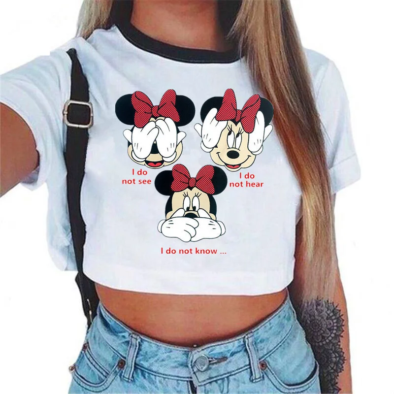 Г., Модная белая летняя футболка Miki для девочек, открытый пупок женский Одноцветный Повседневный короткий жакет с Микки Маусом - Цвет: 1