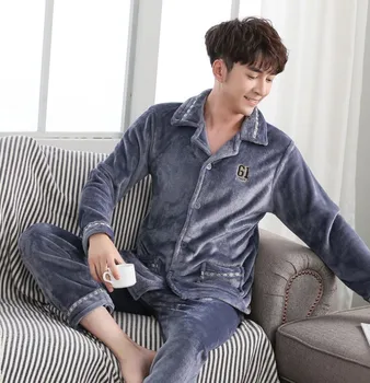 

Winter Thicken Warm Soft Blue Flannel Pajamas Sets for Men Night Pijamas Male Long Sleeve Pyjamas Sleepwear Suit Casual Homewear