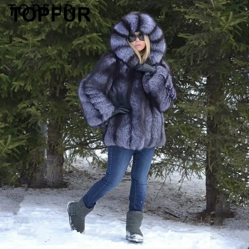 TOPFUR Новое натуральное меховое пальто для женщин, роскошная Зимняя Толстая Меховая куртка с меховым капюшоном, Высококачественная модная шуба из натурального меха серебристой лисы
