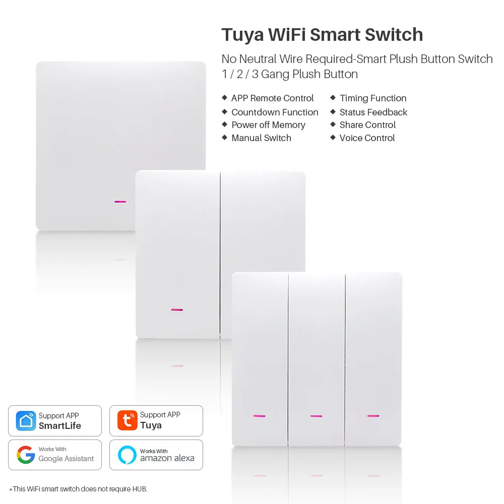 Tuya 스마트 Wifi 스위치 220V 중성선 필요 없음 1/2/3 갱 벽 조명 버튼 스위치 지원 Smart Lfie Alexa Google 홈