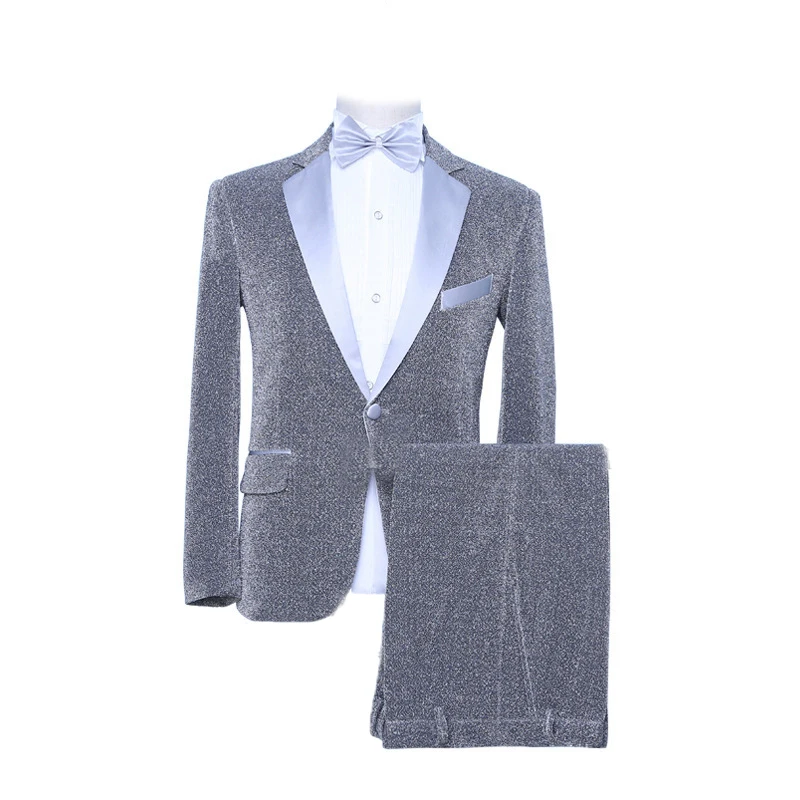 grayish blue Мужской золотой смокинг, модный приталенный костюм жениха из 2 предметов, певец, барабанщик, ведущий, выпускной, сценический костюм, ночной клуб, мужские костюмы - Цвет: grayish blue