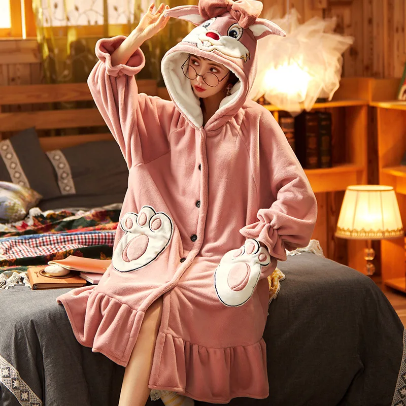 

NIGHTWA Pajamas Women Winter Long Sleeve Thickened Warm Coral Fleece Nightgown Long Cartoon Cute Flannel Woman Home Wear pyjama