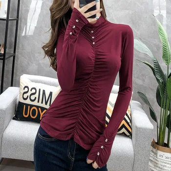 

Ladies solid color high neck button long sleeve slim cotton T-shirt
