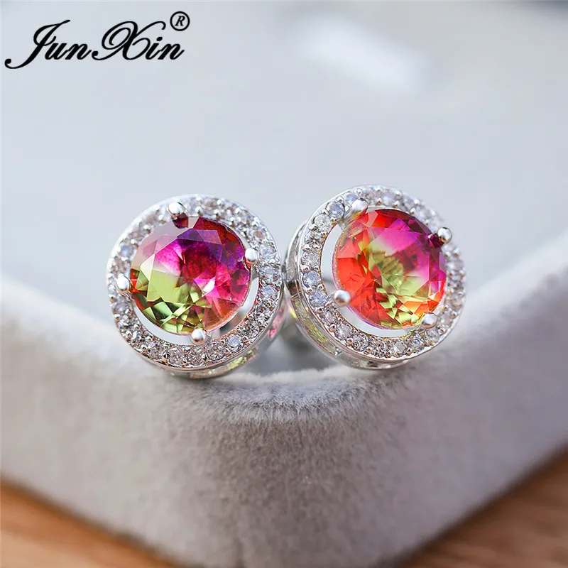 Rose Red Yellow Градиентные радужные огненные круглые серьги с кристаллами, 925 серебро, Цветной циркон, голубой зеленый циркон, камень, серьги-гвоздики для женщин, ювелирное изделие - Окраска металла: Rose Red Yellow