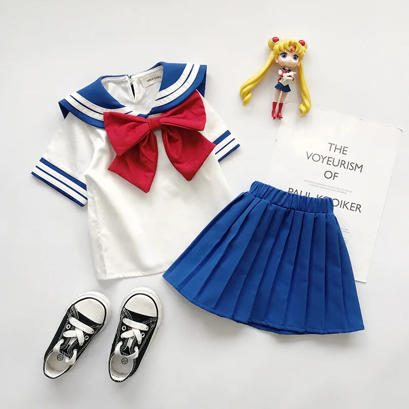Милый детский костюм моряка с галстуком-бабочкой, комплекты для маленьких мальчиков и девочек в японском стиле темно-синего цвета, летняя