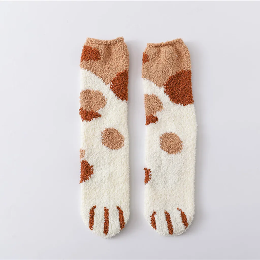 Мужские и wo Мужские Зимние коралловые Милая кошачья лапа с принтами плюс бархатные теплые домашние носки для сна носки-Тапочки хлопковые носки средней длины - Цвет: Khaki